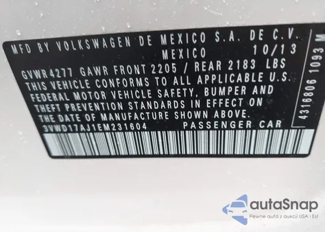 2014 Volkswagen Jetta 1.8T Se из США, поврежденный, VIN 3VWD17AJ1EM231604